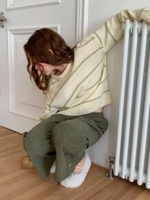 DAZY Bộ áo len chui đầu cổ tròn dáng rộng kẻ sọc + quần ống đứng cho bé gái (size lớn), thu/đông - Màu be - Xem 5