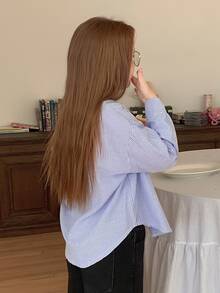 DAZY Loose Striped Collared Long Sleeve Casual Shirt For Girls (Big), Basic Autumn Style - Baby Blue - View 5
