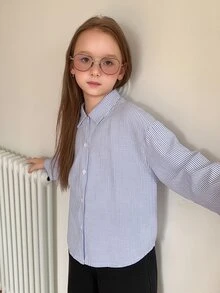 DAZY Loose Striped Collared Long Sleeve Casual Shirt For Girls (Big), Basic Autumn Style - Baby Blue - View 4
