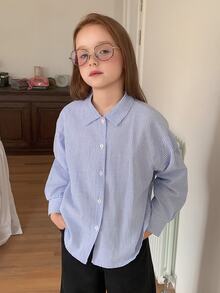 DAZY Loose Striped Collared Long Sleeve Casual Shirt For Girls (Big), Basic Autumn Style - Baby Blue - View 8