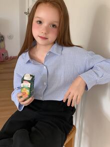 DAZY Loose Striped Collared Long Sleeve Casual Shirt For Girls (Big), Basic Autumn Style - Baby Blue - View 2