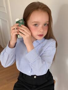 DAZY Loose Striped Collared Long Sleeve Casual Shirt For Girls (Big), Basic Autumn Style - Baby Blue - View 6