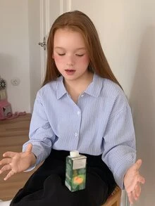 DAZY Loose Striped Collared Long Sleeve Casual Shirt For Girls (Big), Basic Autumn Style - Baby Blue - View 7