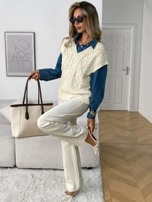 Elyressa Women's Loose Casual Fashion Cable Knit Vest Sweater, Versatile For Spring, Autumn And Winter - Beige - View 1