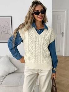 Elyressa Women's Loose Casual Fashion Cable Knit Vest Sweater, Versatile For Spring, Autumn And Winter - Beige - View 3
