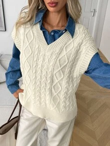Elyressa Women's Loose Casual Fashion Cable Knit Vest Sweater, Versatile For Spring, Autumn And Winter - Beige - View 6