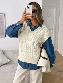 Elyressa Women's Loose Casual Fashion Cable Knit Vest Sweater, Versatile For Spring, Autumn And Winter - Beige - View 5