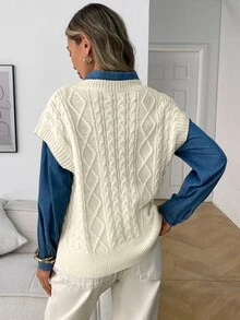 Elyressa Women's Loose Casual Fashion Cable Knit Vest Sweater, Versatile For Spring, Autumn And Winter - Beige - View 2