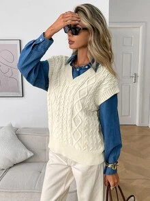 Elyressa Women's Loose Casual Fashion Cable Knit Vest Sweater, Versatile For Spring, Autumn And Winter - Beige - View 4
