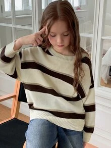 DAZY Girls (Big) Round Neck Pullover Loose Striped Colorblock Casual Autumn/Winter Inner Layer Basic Sweater - Beige - View 4