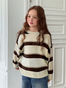DAZY Girls (Big) Round Neck Pullover Loose Striped Colorblock Casual Autumn/Winter Inner Layer Basic Sweater - Beige - View 1
