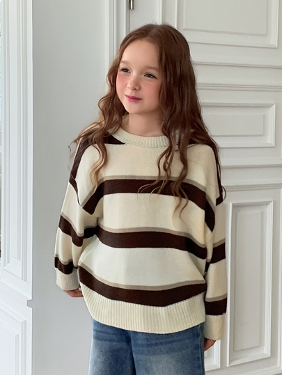 DAZY Pullover Longgar Leher Bulat untuk Anak Perempuan (Ukuran Besar) Bergaris Blok Warna Kasual Musim Gugur/Dingin Lapisan Dalam Sweater Dasar
