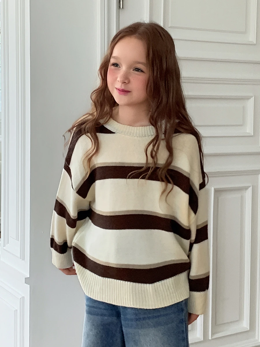 DAZY Girls (Big) Round Neck Pullover Loose Striped Colorblock Casual Autumn/Winter Inner Layer Basic Sweater - Beige - View 1