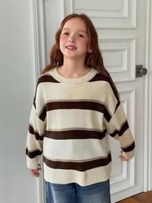 DAZY Girls (Big) Round Neck Pullover Loose Striped Colorblock Casual Autumn/Winter Inner Layer Basic Sweater - Beige - View 6
