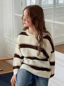 DAZY Girls (Big) Round Neck Pullover Loose Striped Colorblock Casual Autumn/Winter Inner Layer Basic Sweater - Beige - View 3