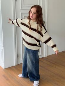 DAZY Girls (Big) Round Neck Pullover Loose Striped Colorblock Casual Autumn/Winter Inner Layer Basic Sweater - Beige - View 2
