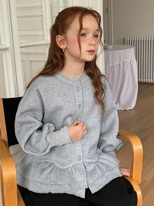 DAZY Tween Girls Round Neck Cardigan Sweatshirt Top With Lantern Sleeves And A-Line Ruffle Hem Jacket - Light Grey - View 1