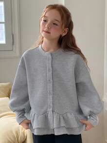 DAZY Tween Girls Round Neck Cardigan Sweatshirt Top With Lantern Sleeves And A-Line Ruffle Hem Jacket - Light Grey - View 6