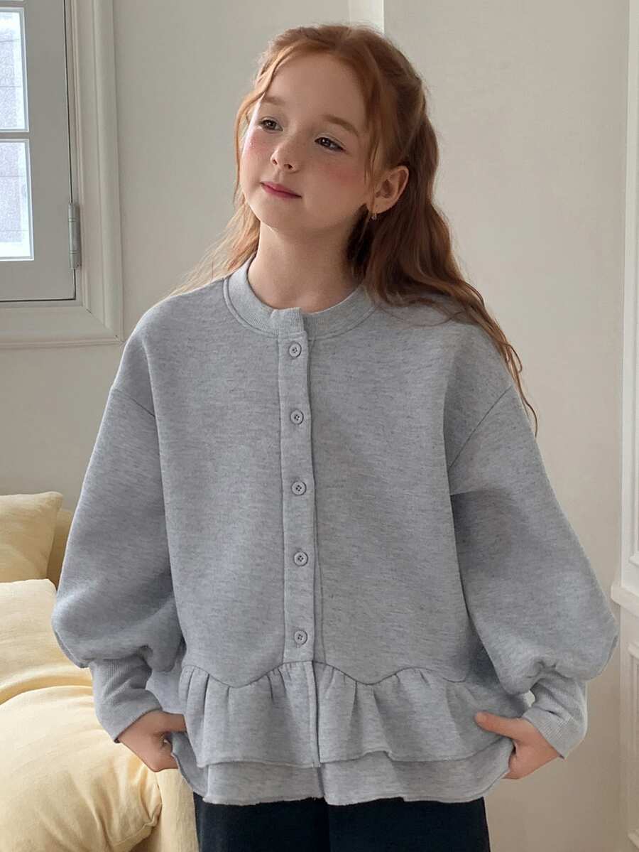 DAZY Tween Girls Round Neck Cardigan Sweatshirt Top With Lantern Sleeves And A-Line Ruffle Hem Jacket - Light Grey - View 1