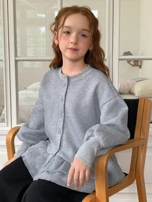 DAZY Tween Girls Round Neck Cardigan Sweatshirt Top With Lantern Sleeves And A-Line Ruffle Hem Jacket - Light Grey - View 4