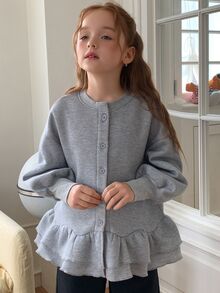 DAZY Tween Girls Round Neck Cardigan Sweatshirt Top With Lantern Sleeves And A-Line Ruffle Hem Jacket - Light Grey - View 8
