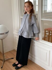 DAZY Tween Girls Round Neck Cardigan Sweatshirt Top With Lantern Sleeves And A-Line Ruffle Hem Jacket - Light Grey - View 2