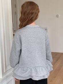 DAZY Tween Girls Round Neck Cardigan Sweatshirt Top With Lantern Sleeves And A-Line Ruffle Hem Jacket - Light Grey - View 7