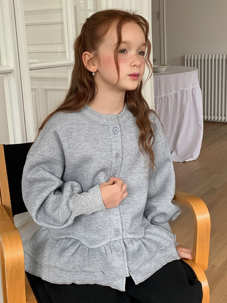 Tween Girls Round Neck Cardigan Sweatshirt Top With Lantern Sleeves And A-Line Ruffle Hem Jacket