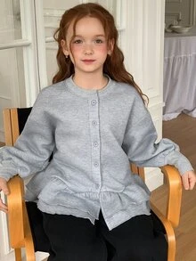 DAZY Tween Girls Round Neck Cardigan Sweatshirt Top With Lantern Sleeves And A-Line Ruffle Hem Jacket - Light Grey - View 5