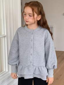 DAZY Tween Girls Round Neck Cardigan Sweatshirt Top With Lantern Sleeves And A-Line Ruffle Hem Jacket - Light Grey - View 3