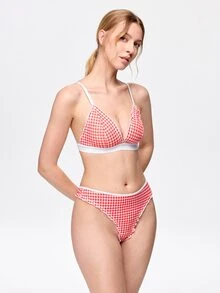 Bonmuse Set Lingerie Wanita 2pcs/Set dengan Motif Kotak-kotak dan Hiasan Rumbai - Merah - View 5