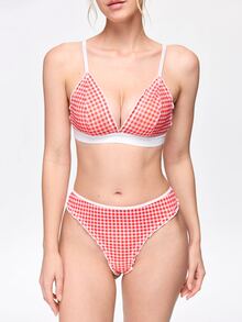 Bonmuse Set Lingerie Wanita 2pcs/Set dengan Motif Kotak-kotak dan Hiasan Rumbai - Merah - View 6