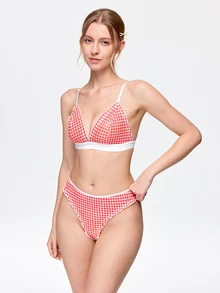Bonmuse Set Lingerie Wanita 2pcs/Set dengan Motif Kotak-kotak dan Hiasan Rumbai - Merah - View 4