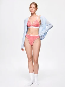 Bonmuse Set Lingerie Wanita 2pcs/Set dengan Motif Kotak-kotak dan Hiasan Rumbai - Merah - View 9