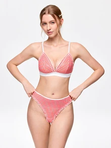 Bonmuse Set Lingerie Wanita 2pcs/Set dengan Motif Kotak-kotak dan Hiasan Rumbai - Merah - View 3