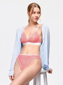 Bonmuse Set Lingerie Wanita 2pcs/Set dengan Motif Kotak-kotak dan Hiasan Rumbai - Merah - View 1