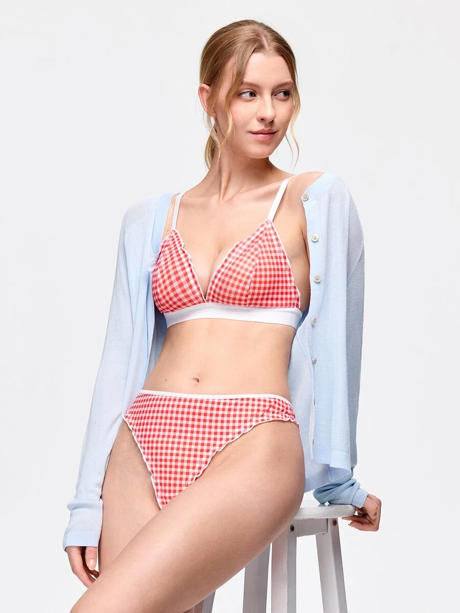 Bonmuse Set Lingerie Wanita 2pcs/Set dengan Motif Kotak-kotak dan Hiasan Rumbai - Merah - View 1