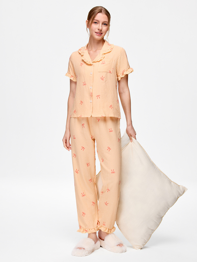 Bonmuse Valentine's Day Ruffle Trim Striped Bow Pajama Set, Short Sleeve Top And Long Pants, Lightweight Loungewear