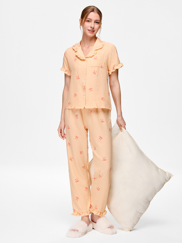 Bonmuse Valentine's Day Ruffle Trim Striped Bow Pajama Set, Short Sleeve Top And Long Pants, Lightweight Loungewear