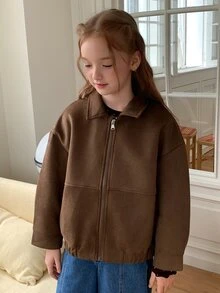 DAZY Casual Loose Collar Jacket Autumn Thick Girls (Large) Collar Coffee Color Suede Jacket - Coffee Brown - View 3