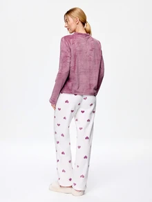 Bonmuse Flannel Colorblock Heart Long Sleeve Top And Pants Warm Pajama Set, Autumn/Winter, Comfortable - Purple - View 2