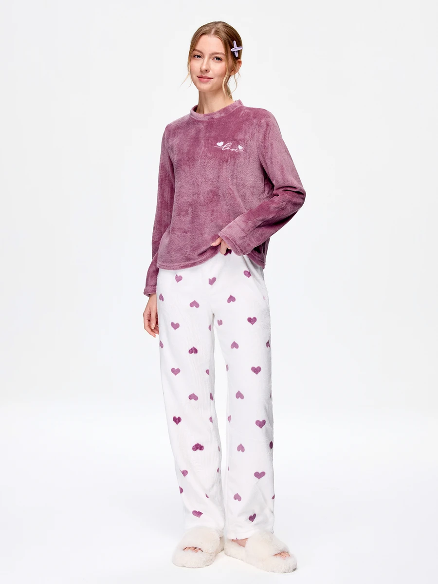 Bonmuse Flannel Colorblock Heart Long Sleeve Top And Pants Warm Pajama Set, Autumn/Winter, Comfortable - Purple - View 1