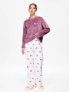 Bonmuse Flannel Colorblock Heart Long Sleeve Top And Pants Warm Pajama Set, Autumn/Winter, Comfortable - Purple - View 3