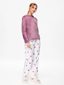 Bonmuse Flannel Colorblock Heart Long Sleeve Top And Pants Warm Pajama Set, Autumn/Winter, Comfortable - Purple - View 4
