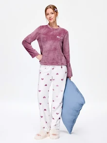 Bonmuse Flannel Colorblock Heart Long Sleeve Top And Pants Warm Pajama Set, Autumn/Winter, Comfortable - Purple - View 7