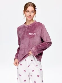 Bonmuse Flannel Colorblock Heart Long Sleeve Top And Pants Warm Pajama Set, Autumn/Winter, Comfortable - Purple - View 6