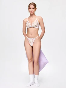 Bonmuse 1 Set Women's Lingerie Set With Front Closure, Ditsy Floral Triangle Cup, Criss-Cross Back Strap, Sexy Bra And Thong - White - View 8