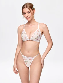 Bonmuse 1 Set Women's Lingerie Set With Front Closure, Ditsy Floral Triangle Cup, Criss-Cross Back Strap, Sexy Bra And Thong - White - View 4