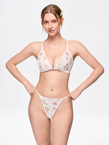 Bonmuse 1 Set Women's Lingerie Set With Front Closure, Ditsy Floral Triangle Cup, Criss-Cross Back Strap, Sexy Bra And Thong - White - View 3