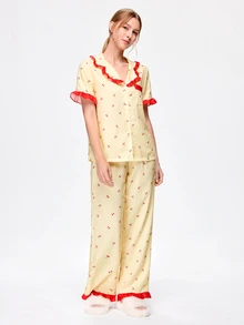 Bonmuse Fresh Plaid Cherry Fruit Print Collared Ruffle Short Sleeve Long Pants Women's Pajama Set - Yellow - View 4